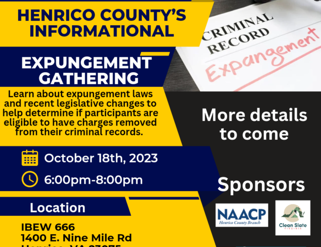 Expungement and Record Sealing Information Session flier graphic for Oct 18, 2023