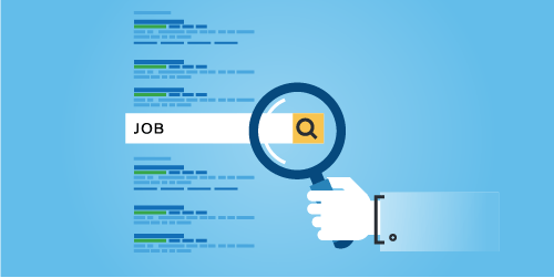 illustration of a hand holding a magnifying glass over search results for the term "JOB"
