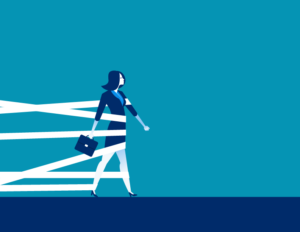 illustration of woman in business suit being held back by white tape